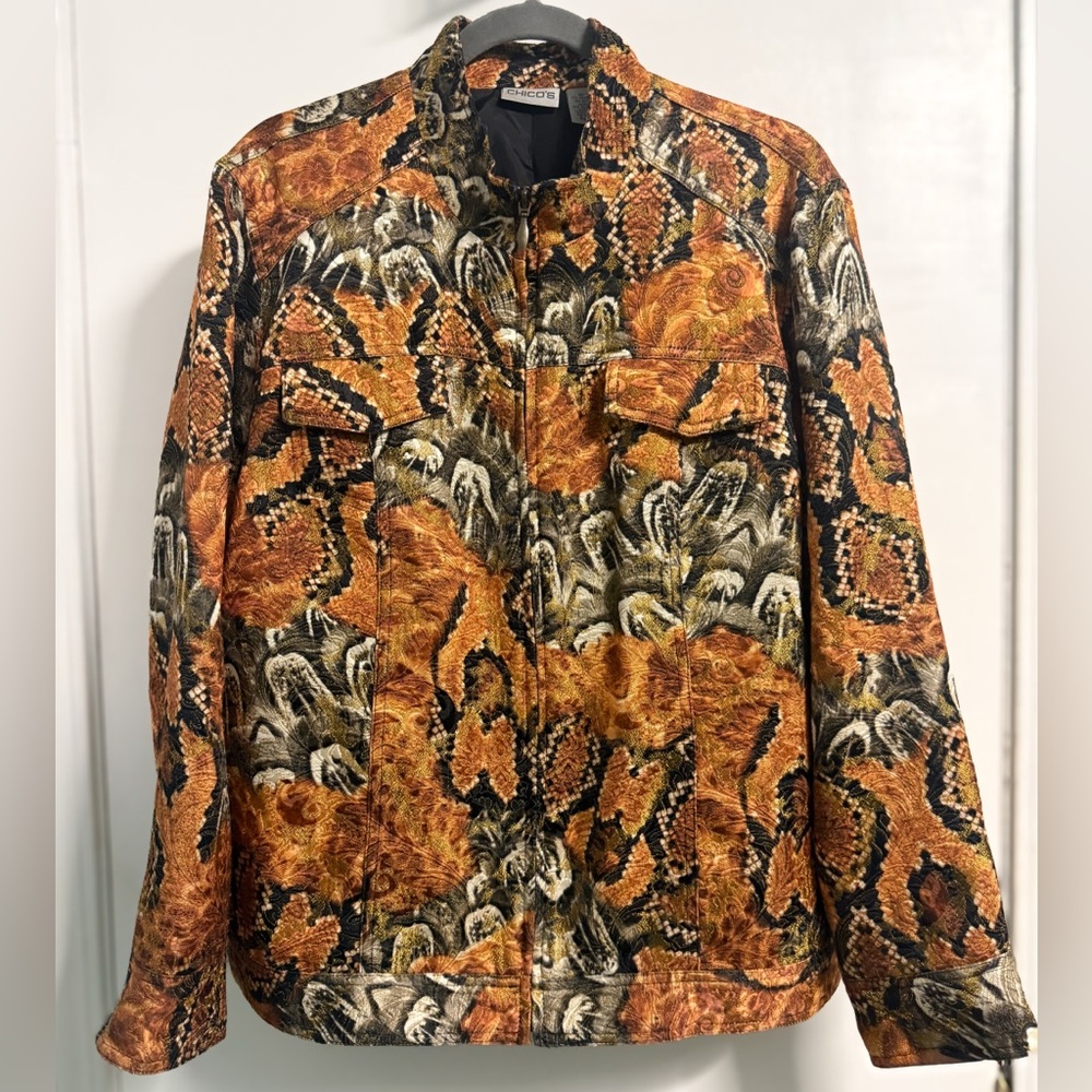 Chico’s Tapestry Snakeskin Pattern Jacket Size 3 Brown Gold Statement Jacket